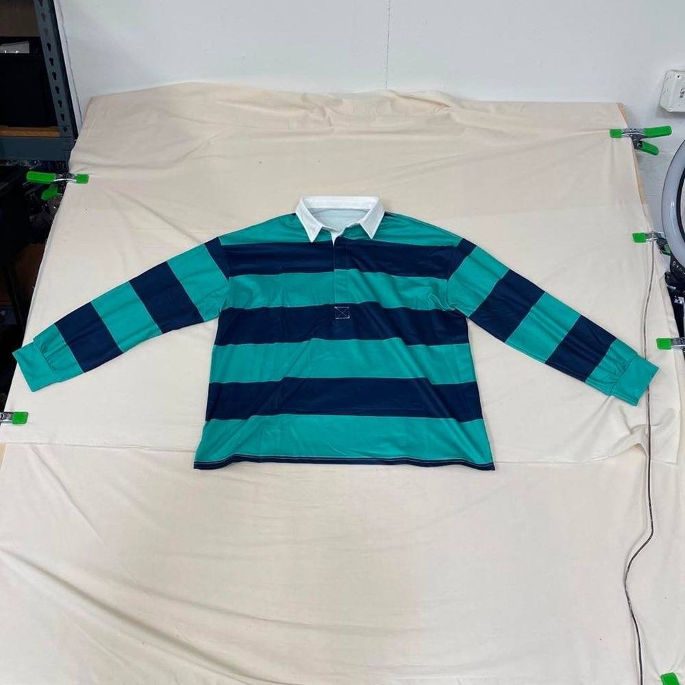 Teal and navy striped long-sleeve rugby shirt